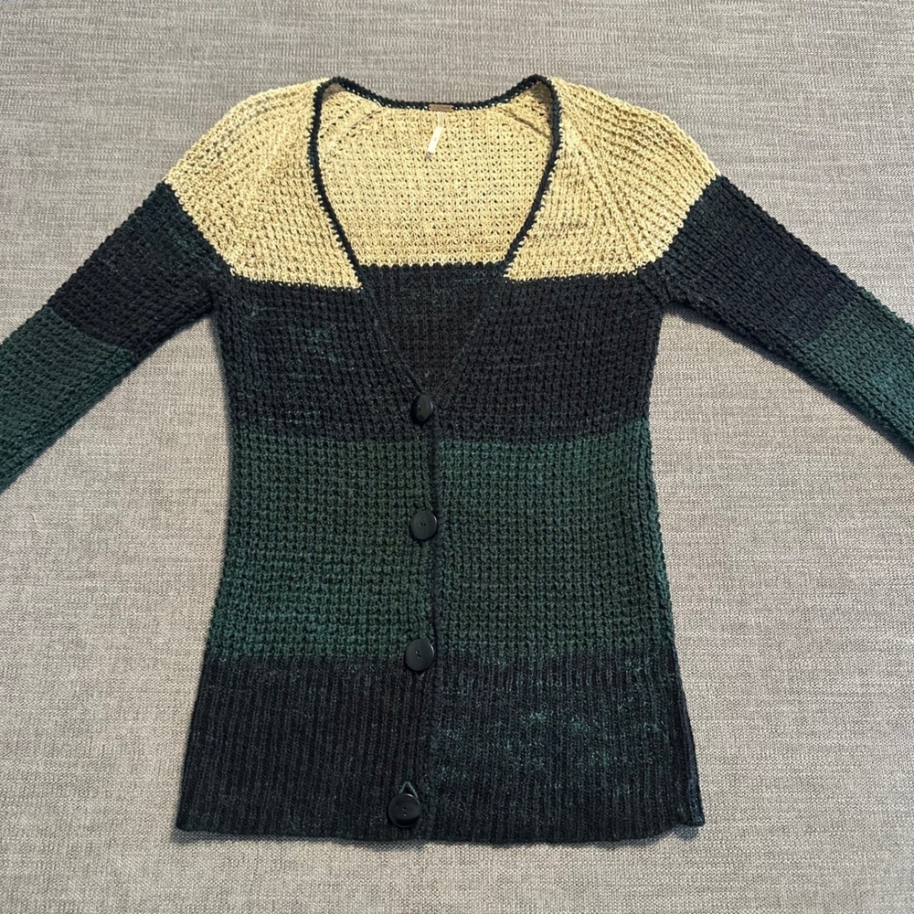 Free People Cardigan Womens S Green Black Tan Colorblock Knit V-Neck Sweater